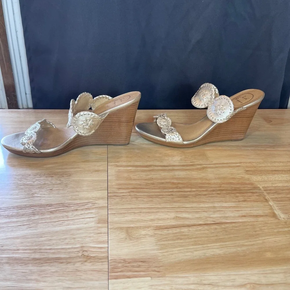 Jack Rogers Gold Metallic Leather Whipstitch Rondelle Wedge Sandals Womens 11M